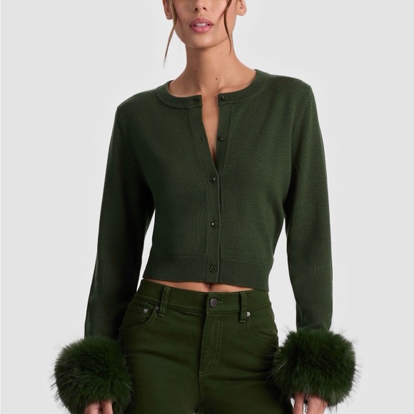 Green Cropped Cardigan with Fur Cuffs